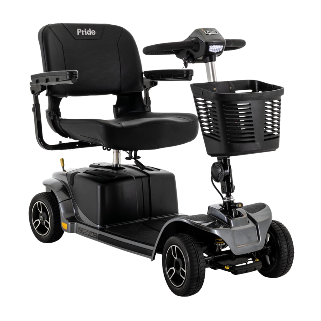 The Pride Mobility Revo® 2.0 4-Wheel Scooter is a black mobility scooter featuring a padded seat, armrests, front control panel, and front basket, offering durability, comfort, and reliability with the Pride brand visible on the backrest.